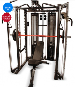 The Inspire Full Smith Cage System (AHF sale price $3,995, save $500) has a dual weight stack design and adjustable bench